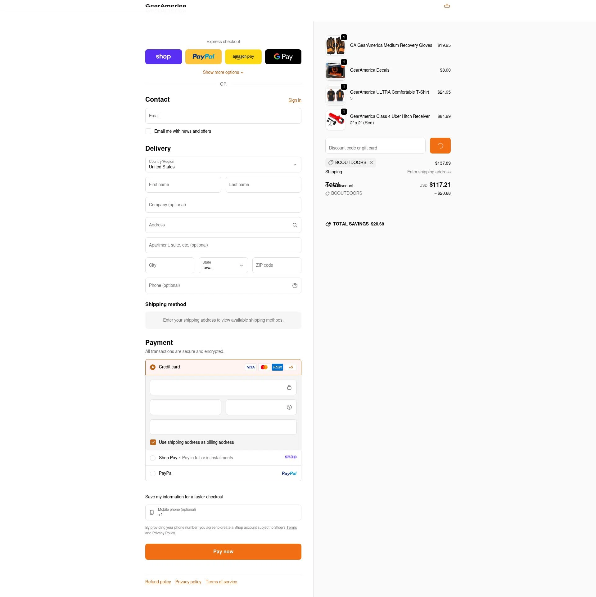 GearAmerica checkout page showing GearAmerica promo code box | Screenshot taken by SimplyCodes community member on Jan 9, 2026
