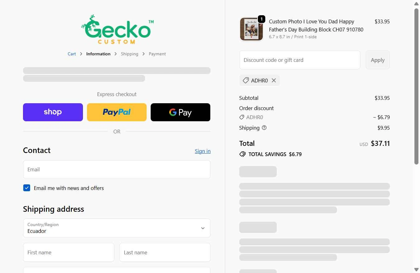 GeckoCustom checkout page showing GeckoCustom coupon code box | Screenshot taken by SimplyCodes community member on Feb 10, 2026