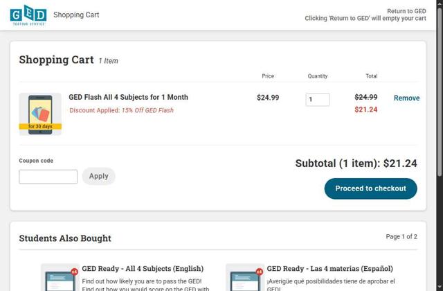 GED checkout page showing GED coupon code box | Screenshot taken by SimplyCodes community member on Aug 19, 2025