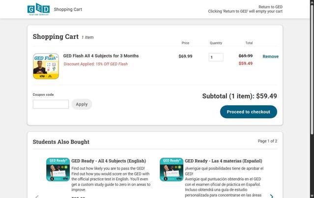 GED checkout page showing GED coupon code box | Screenshot taken by SimplyCodes community member on Jul 25, 2025