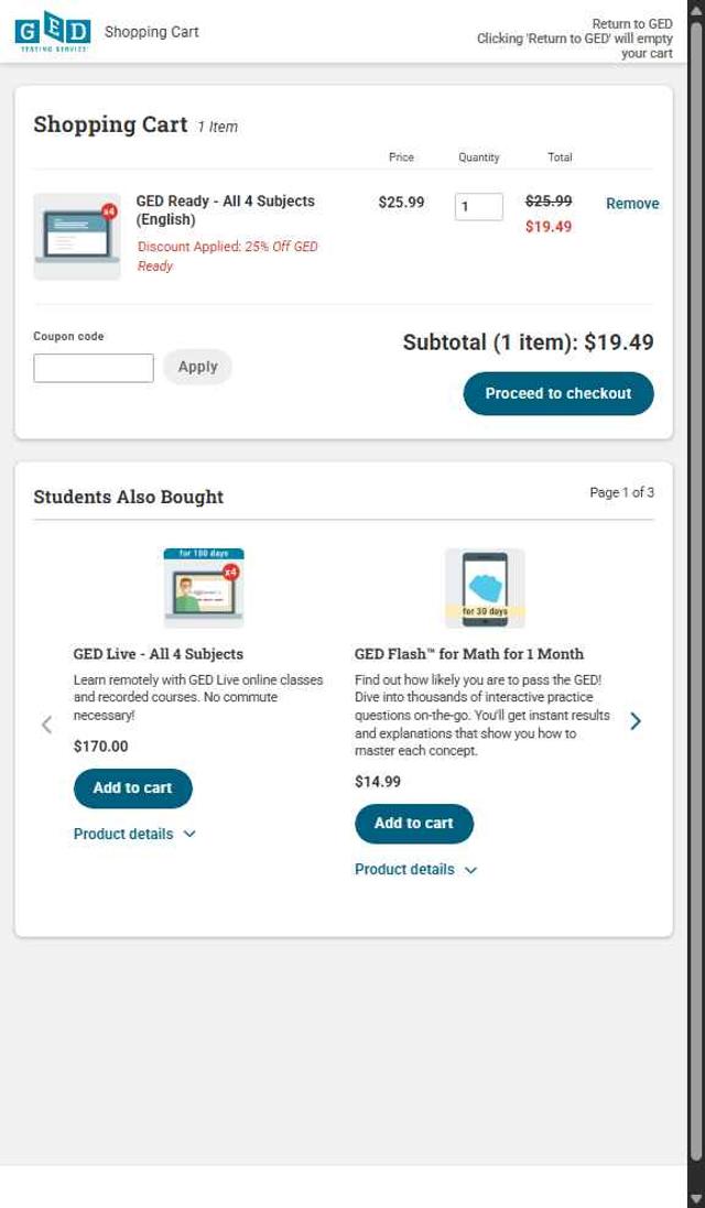 GED checkout page showing GED coupon code box | Screenshot taken by SimplyCodes community member on Aug 31, 2025