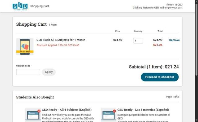 GED checkout page showing GED coupon code box | Screenshot taken by SimplyCodes community member on Aug 31, 2025