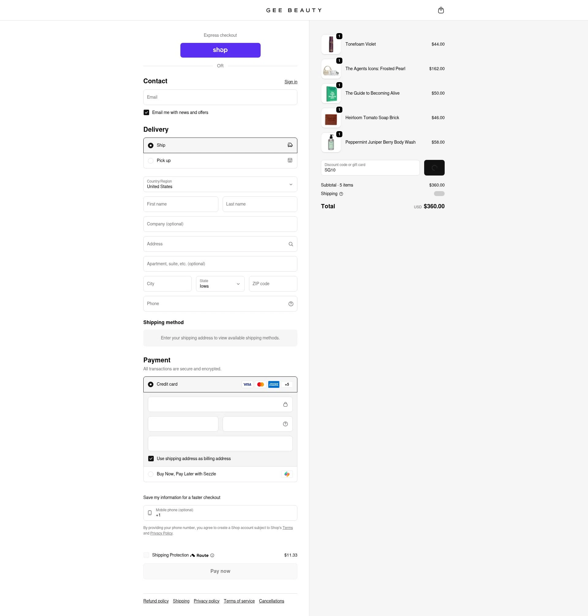 GEE Beauty checkout page showing GEE Beauty promo code box | Screenshot taken by SimplyCodes community member on Feb 19, 2026