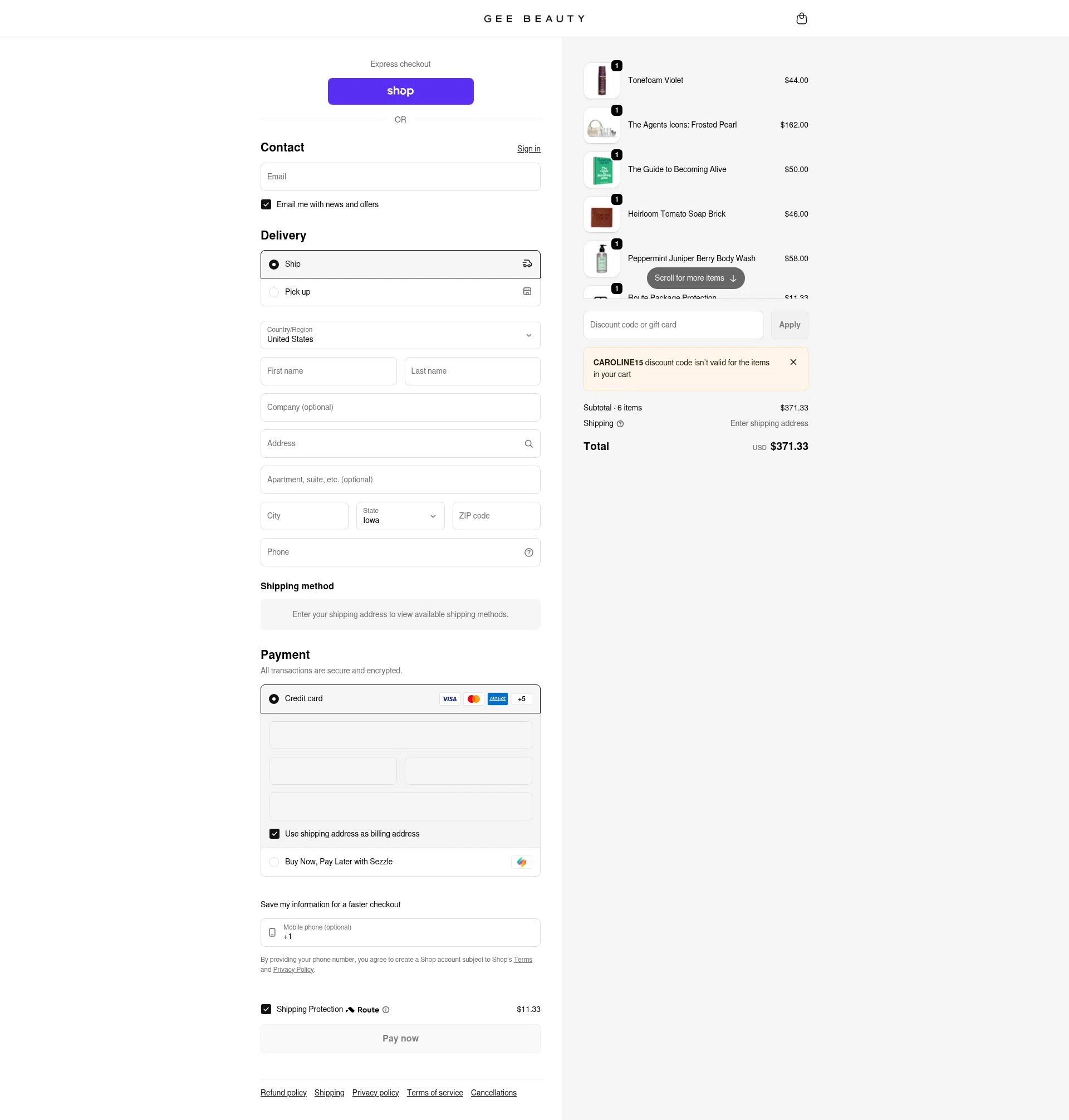 GEE Beauty checkout page showing GEE Beauty promo code box | Screenshot taken by SimplyCodes community member on Feb 23, 2026