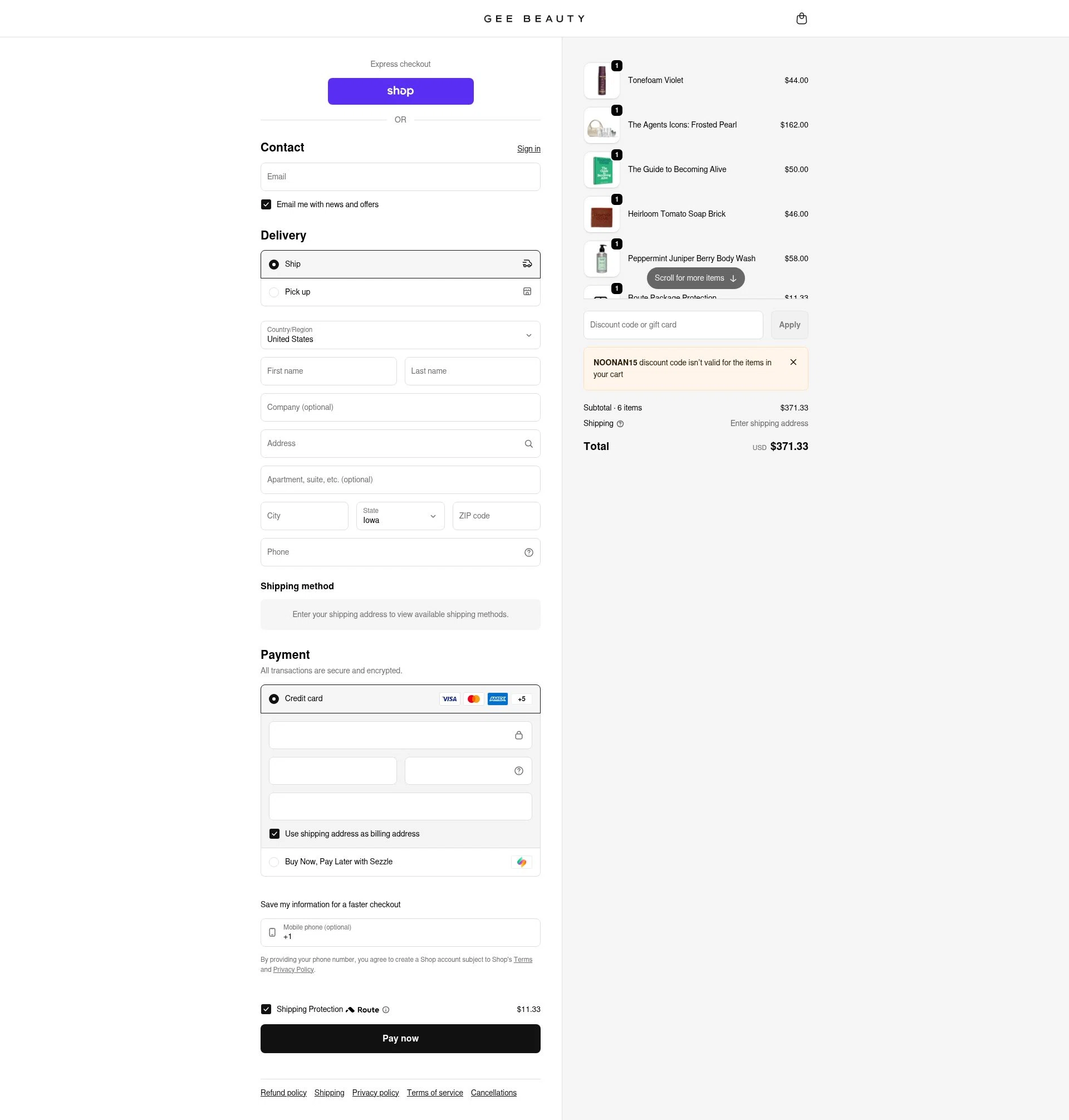 GEE Beauty checkout page showing GEE Beauty promo code box | Screenshot taken by SimplyCodes community member on Feb 19, 2026