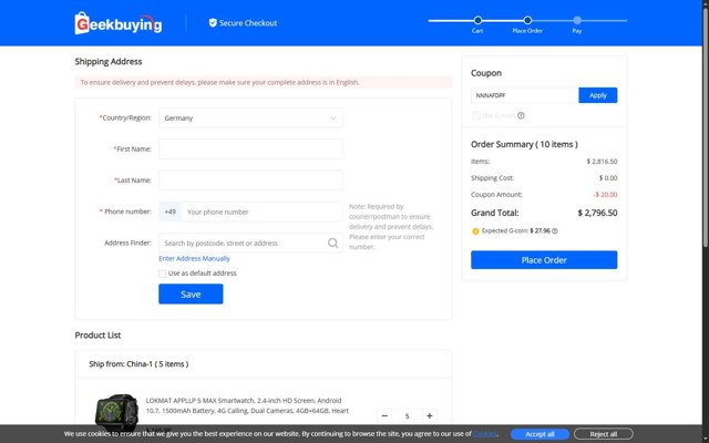 GeekBuying checkout page showing GeekBuying promo code box | Screenshot taken by SimplyCodes community member on Aug 30, 2025