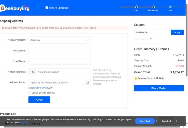 GeekBuying checkout page showing GeekBuying promo code box | Screenshot taken by SimplyCodes community member on Sep 2, 2025