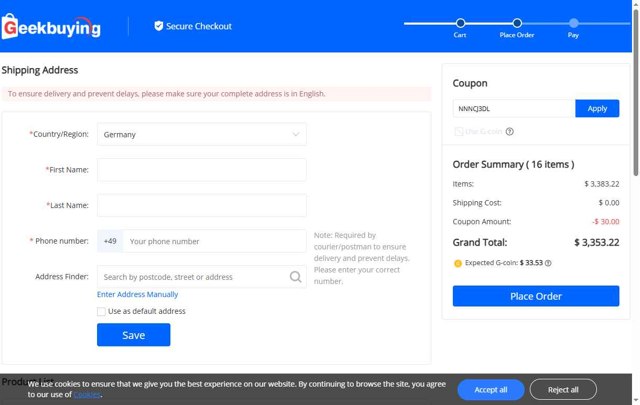 GeekBuying checkout page showing GeekBuying promo code box | Screenshot taken by SimplyCodes community member on Aug 29, 2025