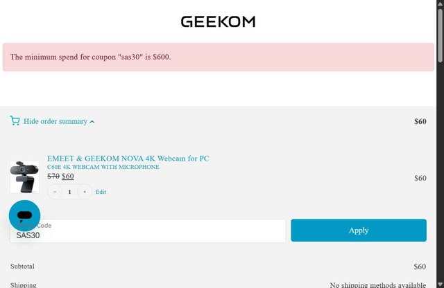 GEEKOM checkout page showing GEEKOM promo code box | Screenshot taken by SimplyCodes community member on Aug 19, 2025