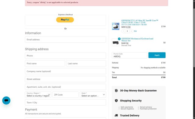 GEEKOM checkout page showing GEEKOM promo code box | Screenshot taken by SimplyCodes community member on Aug 31, 2025