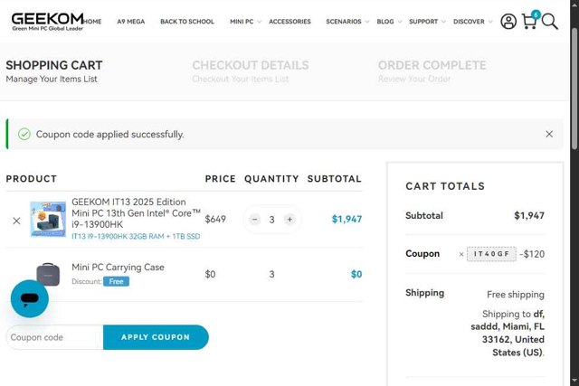 GEEKOM checkout page showing GEEKOM promo code box | Screenshot taken by SimplyCodes community member on Sep 4, 2025