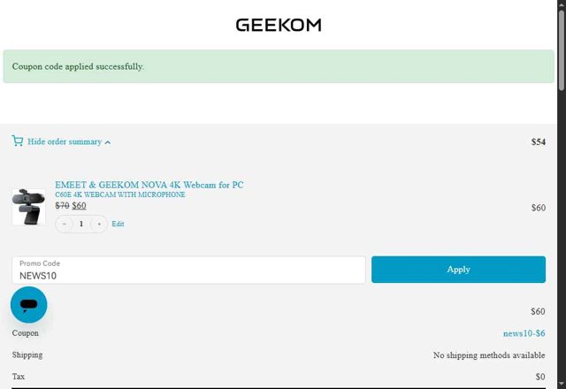 GEEKOM checkout page showing GEEKOM promo code box | Screenshot taken by SimplyCodes community member on Aug 31, 2025