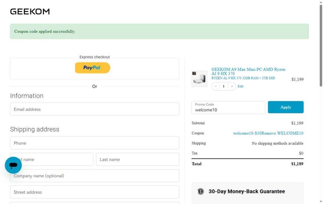 GEEKOM checkout page showing GEEKOM promo code box | Screenshot taken by SimplyCodes community member on Aug 19, 2025