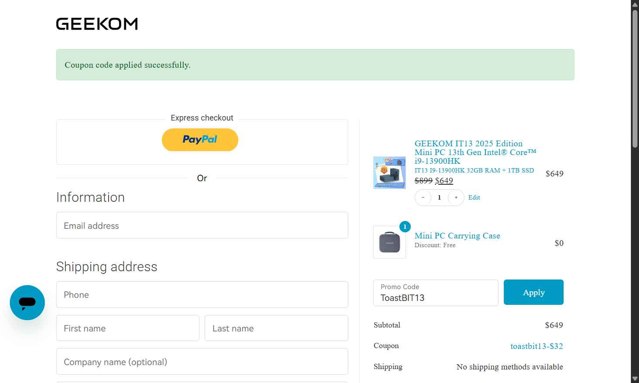 GEEKOM checkout page showing GEEKOM promo code box | Screenshot taken by SimplyCodes community member on Aug 31, 2025