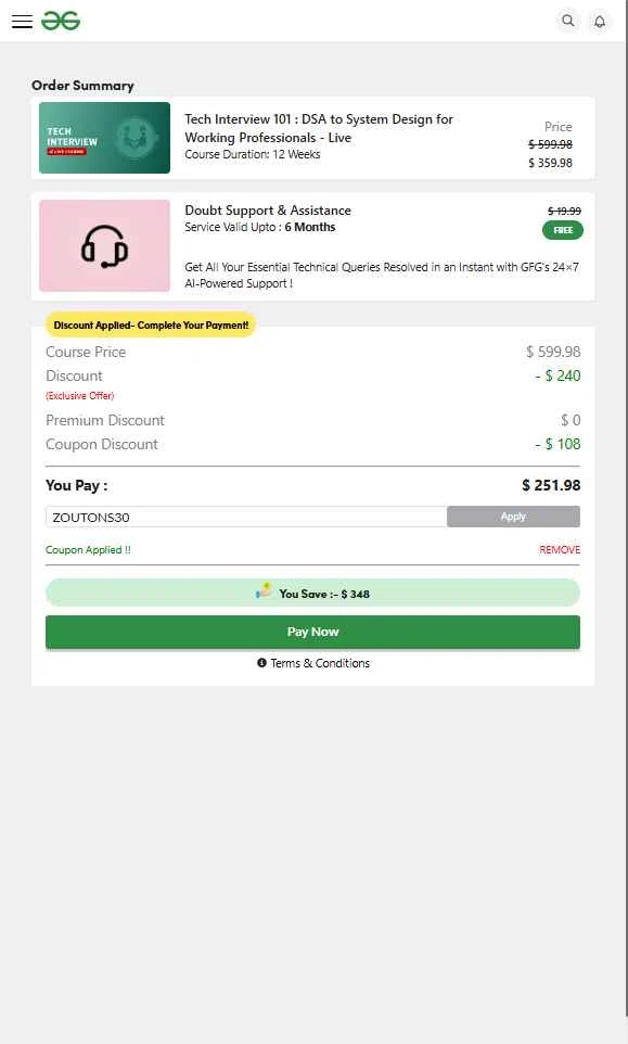 GeeksforGeeks checkout page showing GeeksforGeeks coupon code box | Screenshot taken by SimplyCodes community member on Dec 24, 2025