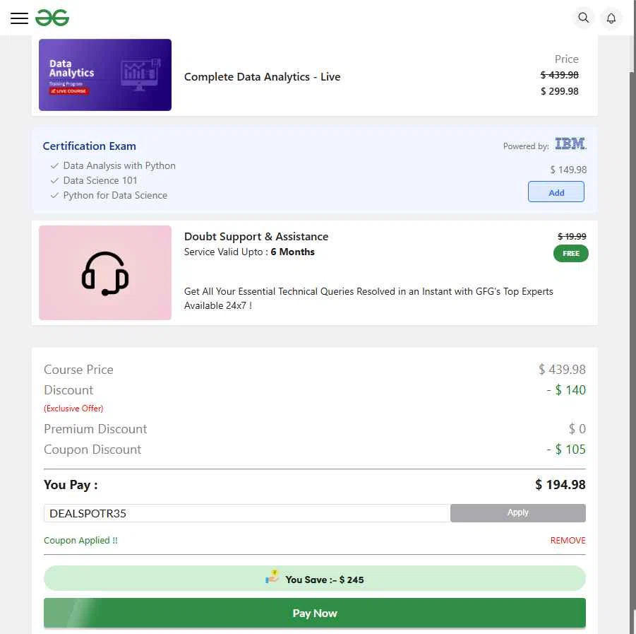 GeeksforGeeks checkout page showing GeeksforGeeks coupon code box | Screenshot taken by SimplyCodes community member on Nov 25, 2025