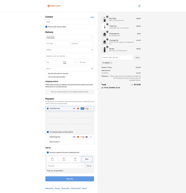 Geek Vape checkout page showing Geek Vape coupon code box | Screenshot taken by SimplyCodes community member on Sep 5, 2025