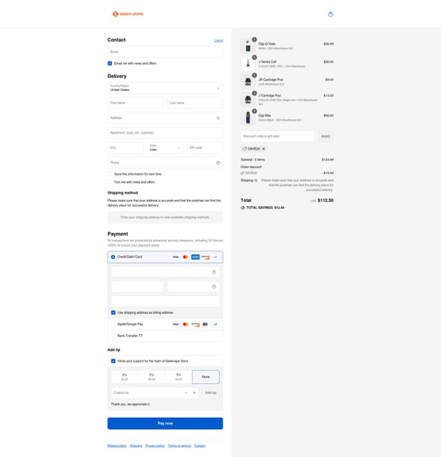 Geek Vape checkout page showing Geek Vape coupon code box | Screenshot taken by SimplyCodes community member on Sep 5, 2025