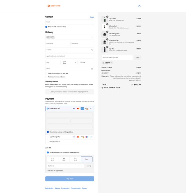 Geek Vape checkout page showing Geek Vape coupon code box | Screenshot taken by SimplyCodes community member on Sep 5, 2025