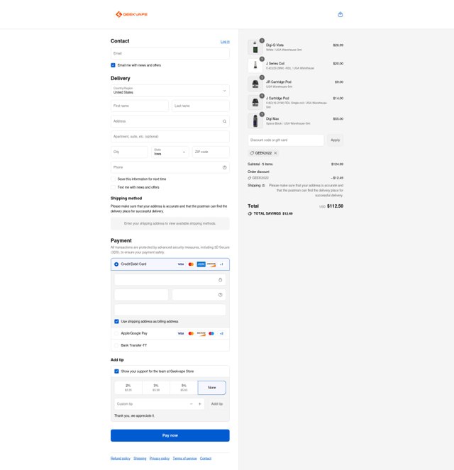 Geek Vape checkout page showing Geek Vape coupon code box | Screenshot taken by SimplyCodes community member on Sep 5, 2025