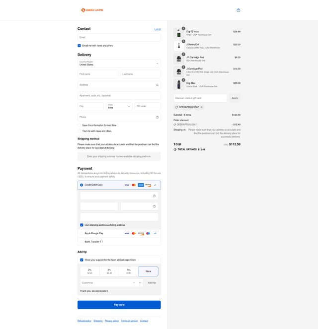 Geek Vape checkout page showing Geek Vape coupon code box | Screenshot taken by SimplyCodes community member on Sep 5, 2025