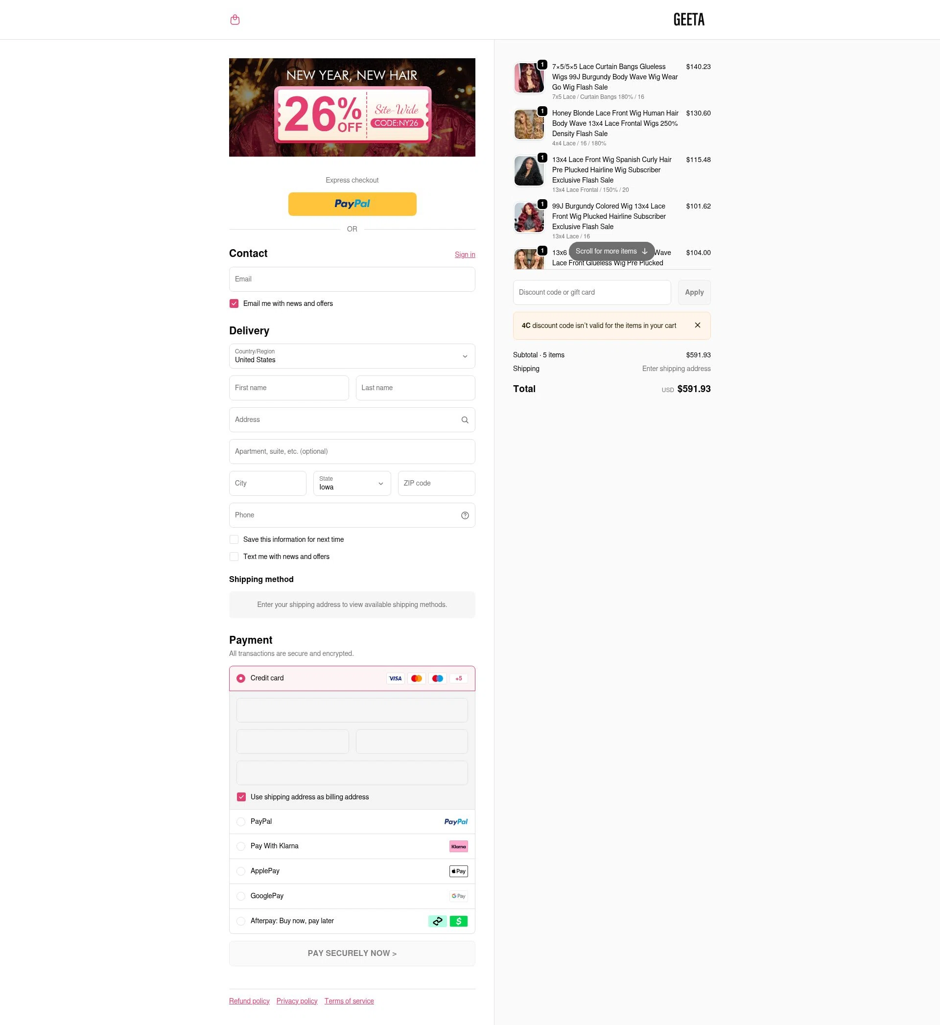 Geeta Hair checkout page showing Geeta Hair discount code box | Screenshot taken by SimplyCodes community member on Jan 9, 2026