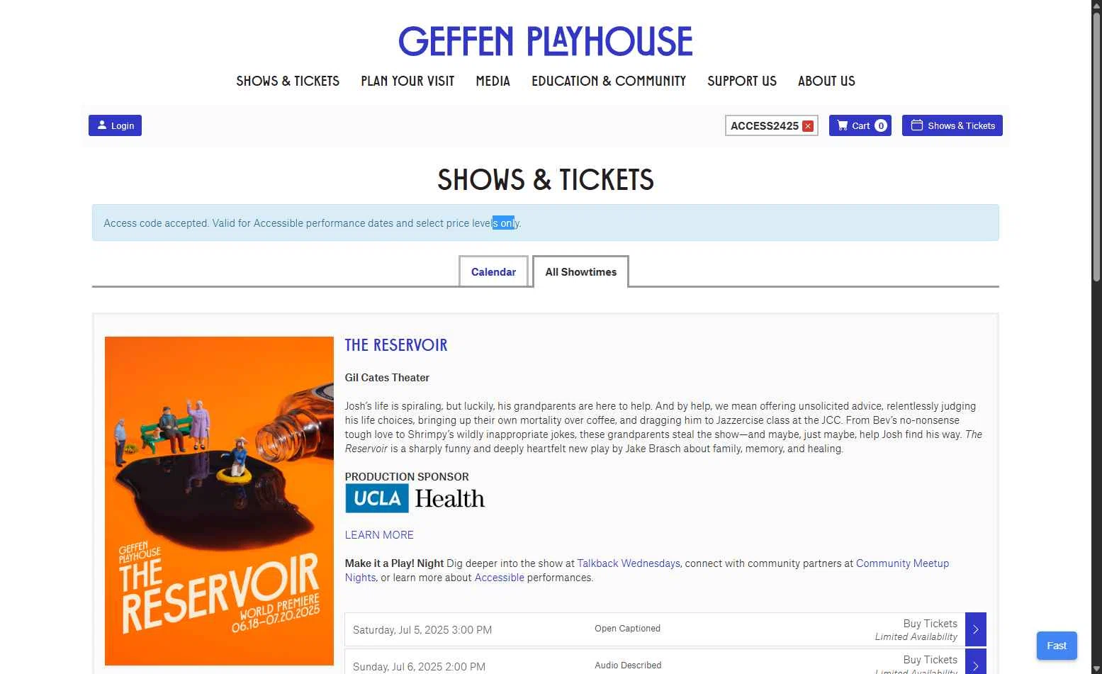 Geffen Playhouse checkout page showing Geffen Playhouse promo code box | Screenshot taken by SimplyCodes community member on Jul 1, 2025