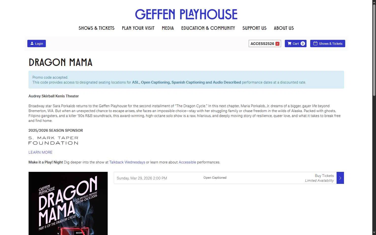 Geffen Playhouse checkout page showing Geffen Playhouse promo code box | Screenshot taken by SimplyCodes community member on Jan 27, 2026