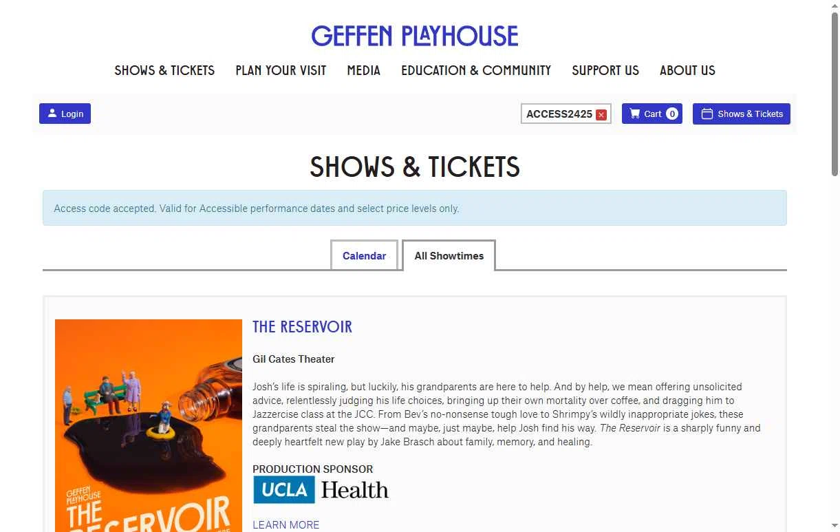 Geffen Playhouse checkout page showing Geffen Playhouse promo code box | Screenshot taken by SimplyCodes community member on Jul 1, 2025