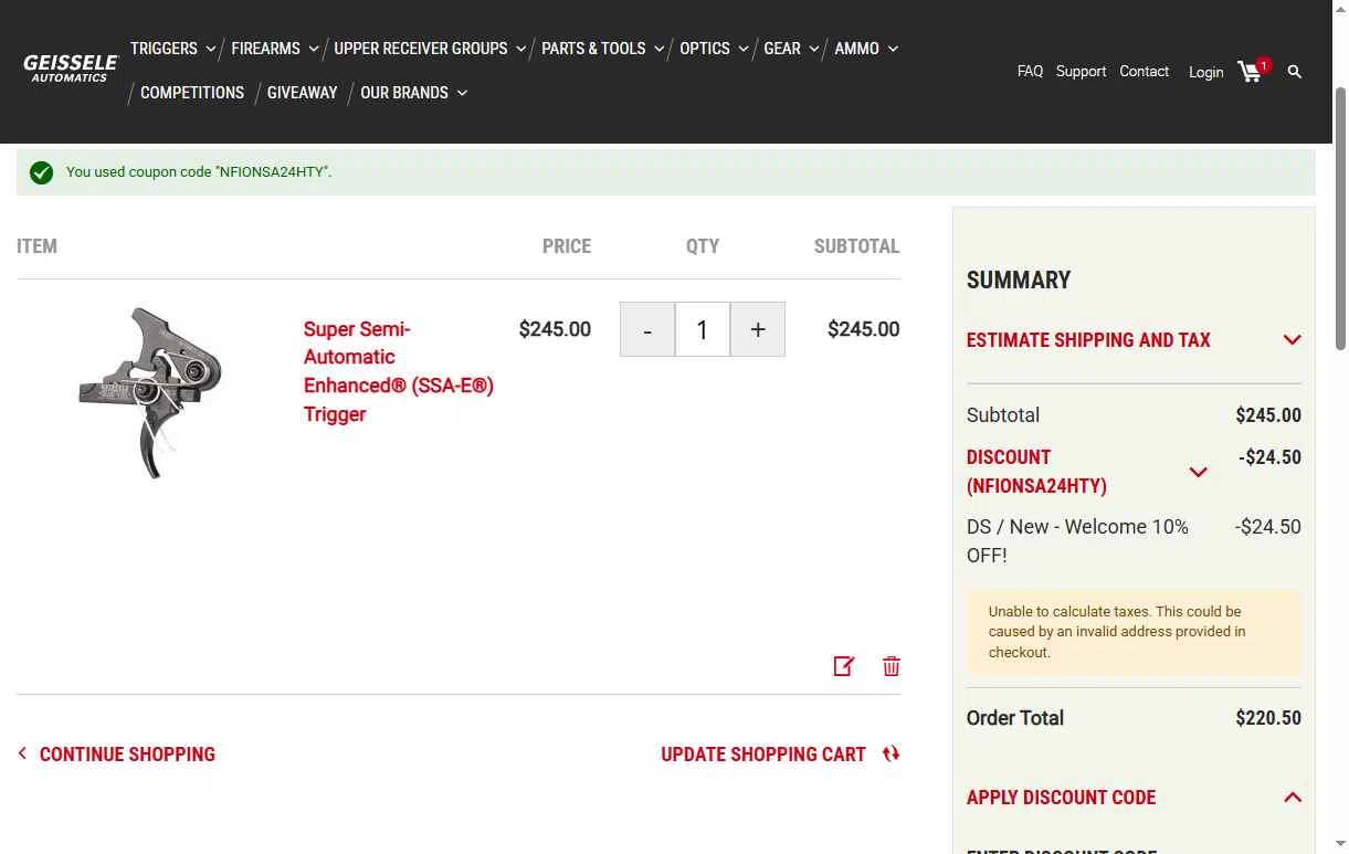 Geissele Automatics checkout page showing Geissele Automatics discount code box | Screenshot taken by SimplyCodes community member on Jan 12, 2026
