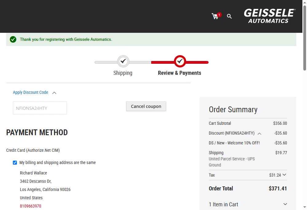 Geissele Automatics checkout page showing Geissele Automatics discount code box | Screenshot taken by SimplyCodes community member on Sep 17, 2025