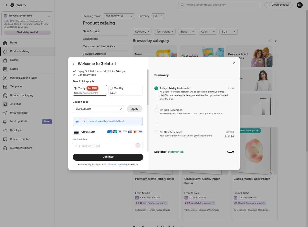 Gelato checkout page showing Gelato discount code box | Screenshot taken by SimplyCodes community member on Dec 14, 2025