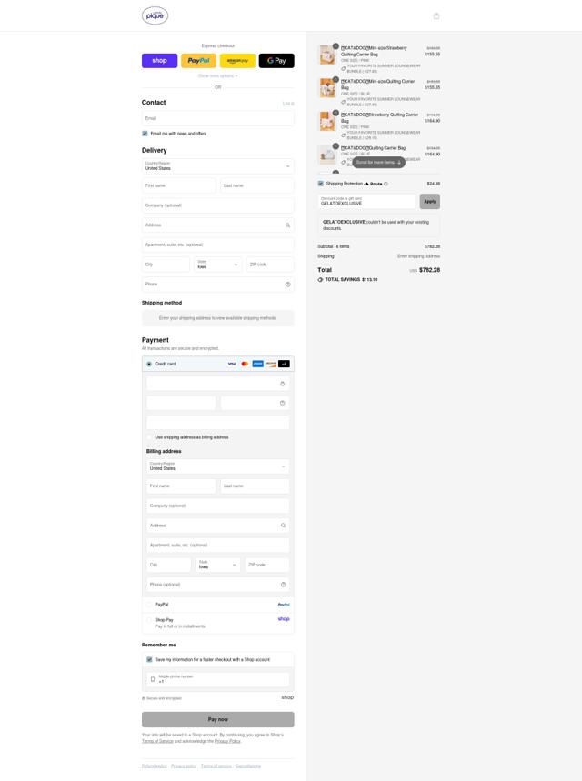 Gelato Pique checkout page showing Gelato Pique discount code box | Screenshot taken by SimplyCodes community member on Sep 6, 2025