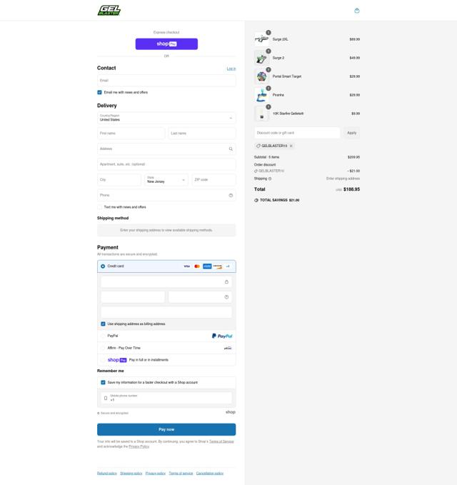 Gel Blaster checkout page showing Gel Blaster promo code box | Screenshot taken by SimplyCodes community member on May 21, 2025