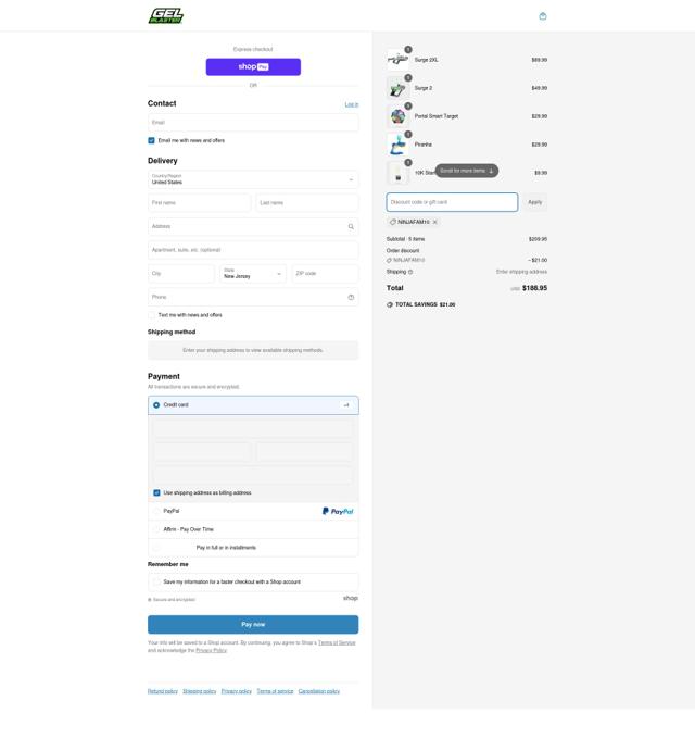 Gel Blaster checkout page showing Gel Blaster promo code box | Screenshot taken by SimplyCodes community member on May 21, 2025