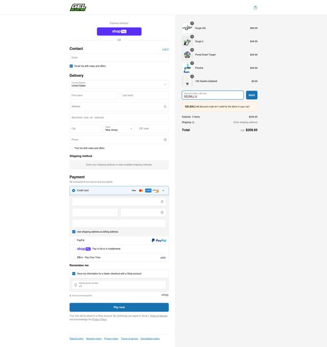 Gel Blaster checkout page showing Gel Blaster promo code box | Screenshot taken by SimplyCodes community member on May 21, 2025