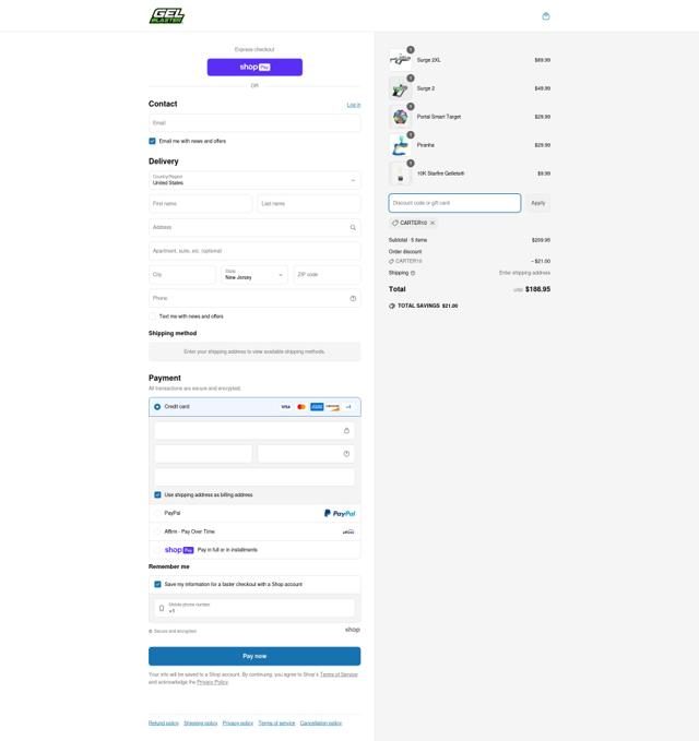 Gel Blaster checkout page showing Gel Blaster promo code box | Screenshot taken by SimplyCodes community member on May 21, 2025