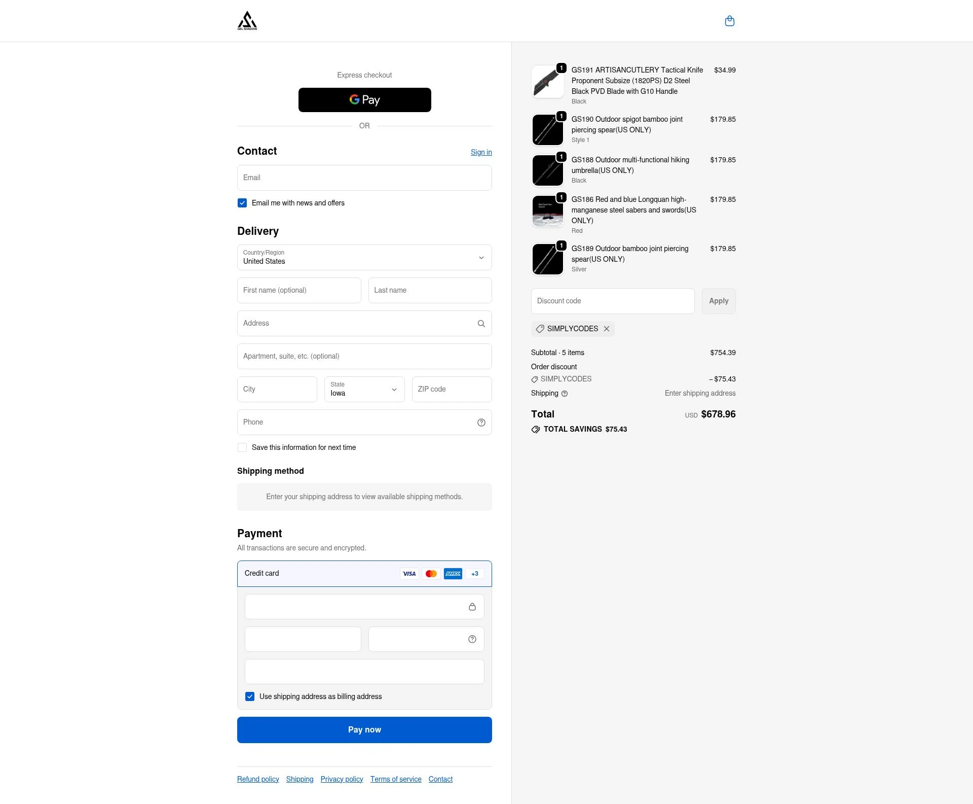 GELSHADOW checkout page showing GELSHADOW discount code box | Screenshot taken by SimplyCodes community member on Jan 13, 2026