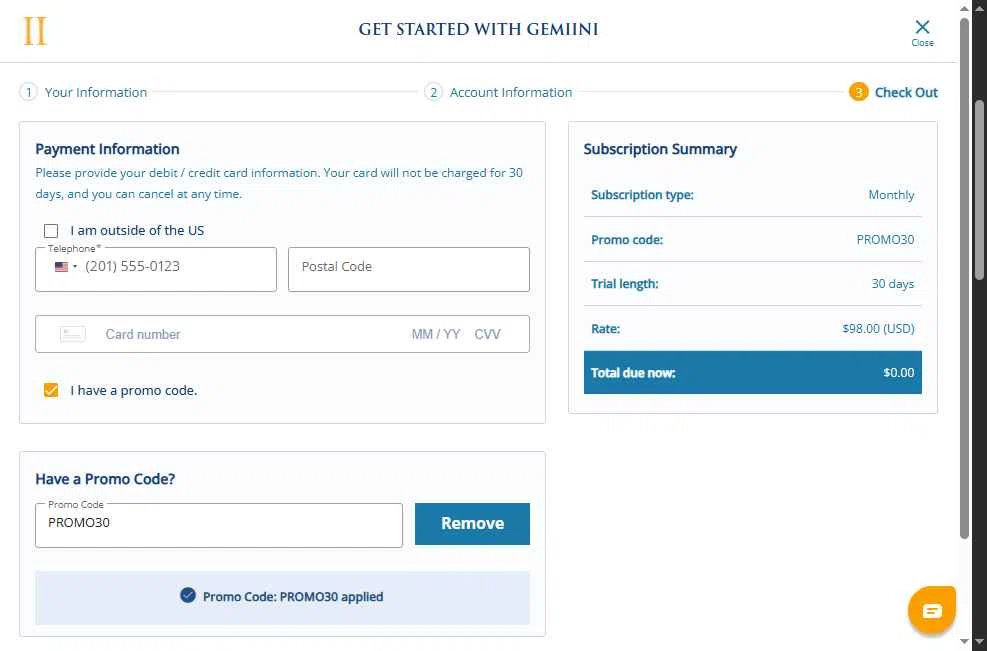 Gemiini Systems checkout page showing Gemiini Systems promo code box | Screenshot taken by SimplyCodes community member on Nov 11, 2025