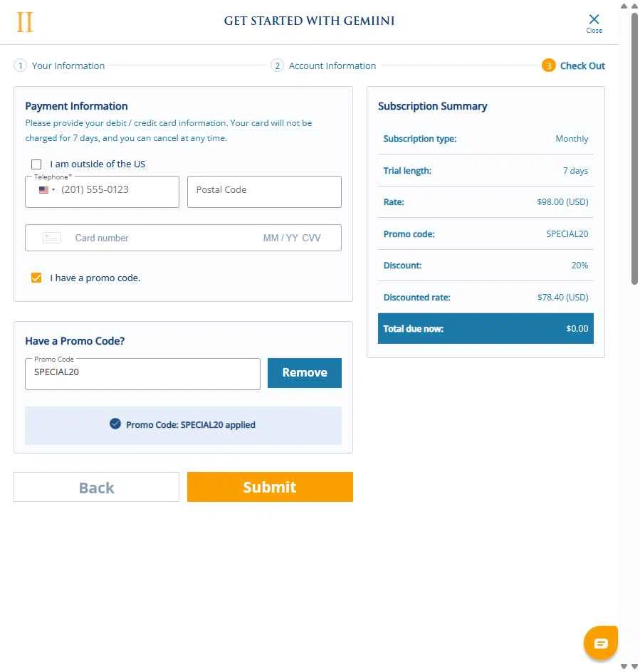 Gemiini Systems checkout page showing Gemiini Systems promo code box | Screenshot taken by SimplyCodes community member on Dec 25, 2025