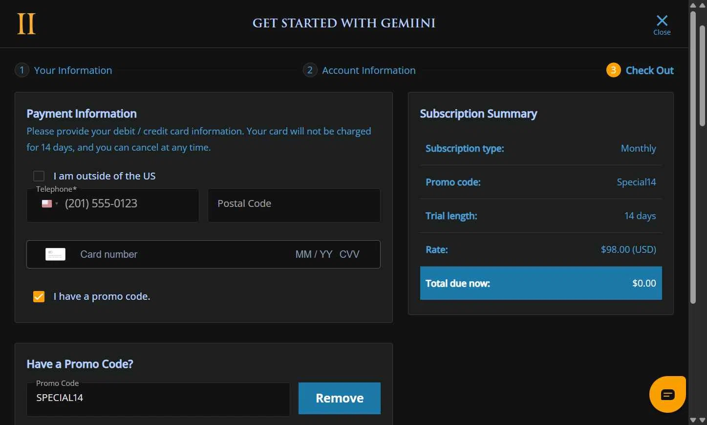 Gemiini Systems checkout page showing Gemiini Systems promo code box | Screenshot taken by SimplyCodes community member on Sep 29, 2025