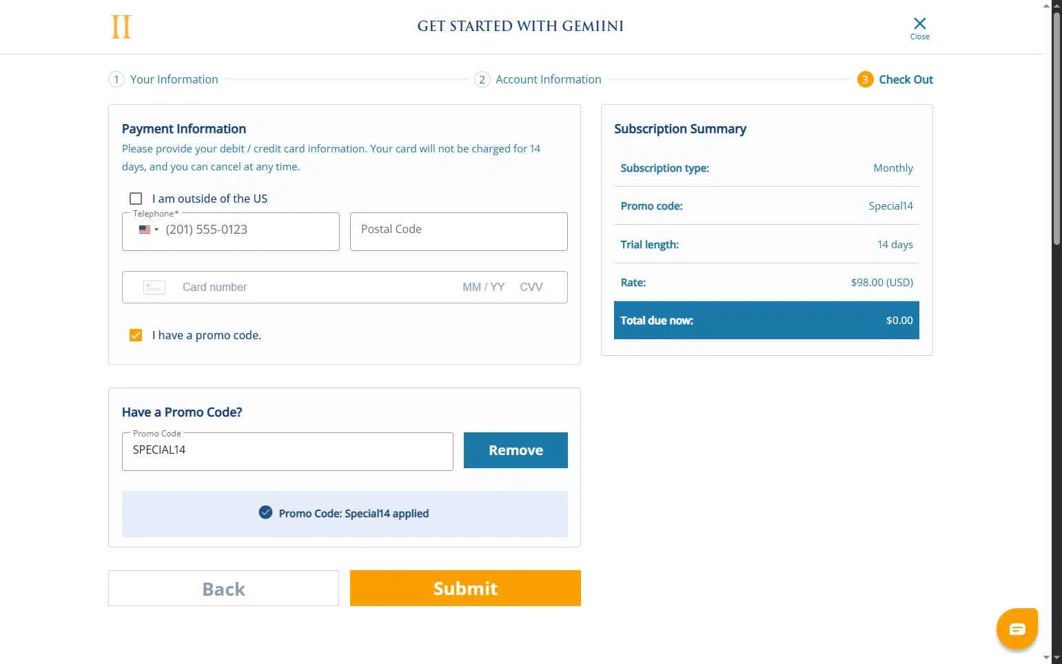 Gemiini Systems checkout page showing Gemiini Systems promo code box | Screenshot taken by SimplyCodes community member on Sep 29, 2025