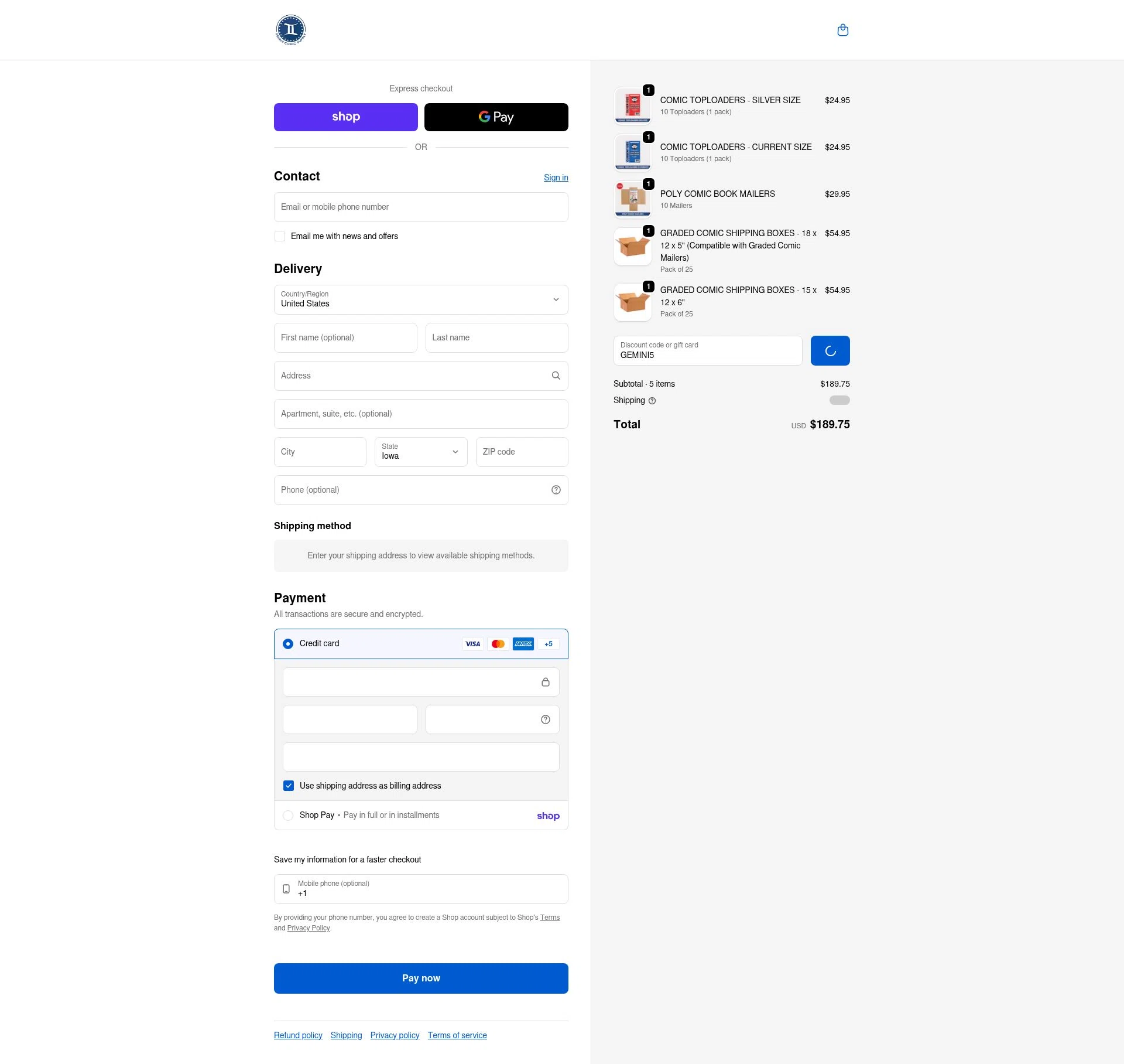 Gemini Comic Supply checkout page showing Gemini Comic Supply discount code box | Screenshot taken by SimplyCodes community member on Feb 17, 2026