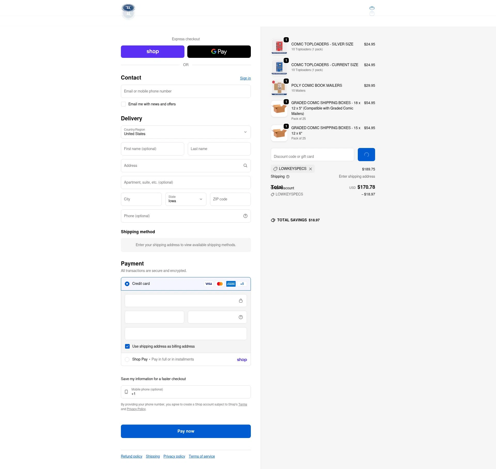 Gemini Comic Supply checkout page showing Gemini Comic Supply discount code box | Screenshot taken by SimplyCodes community member on Feb 17, 2026