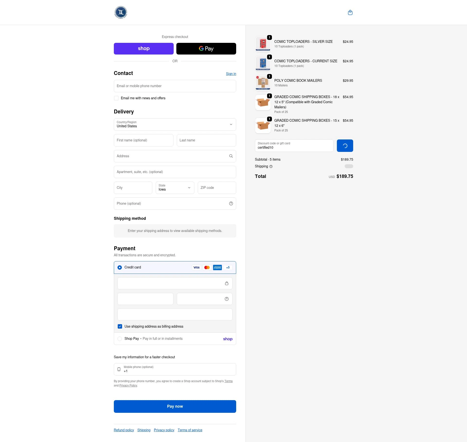 Gemini Comic Supply checkout page showing Gemini Comic Supply discount code box | Screenshot taken by SimplyCodes community member on Feb 17, 2026