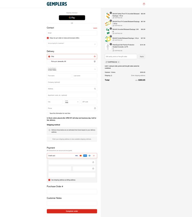 Gempler's checkout page showing Gempler's promo code box | Screenshot taken by SimplyCodes community member on Sep 4, 2025