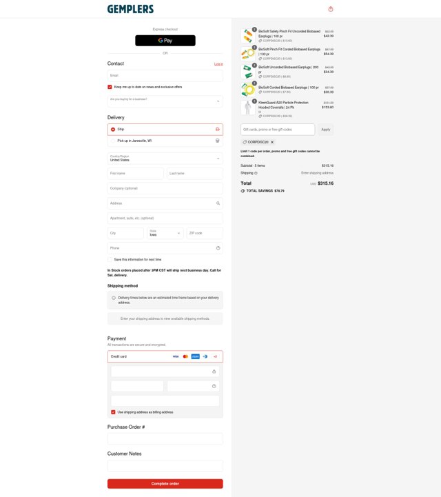Gempler's checkout page showing Gempler's promo code box | Screenshot taken by SimplyCodes community member on Sep 4, 2025