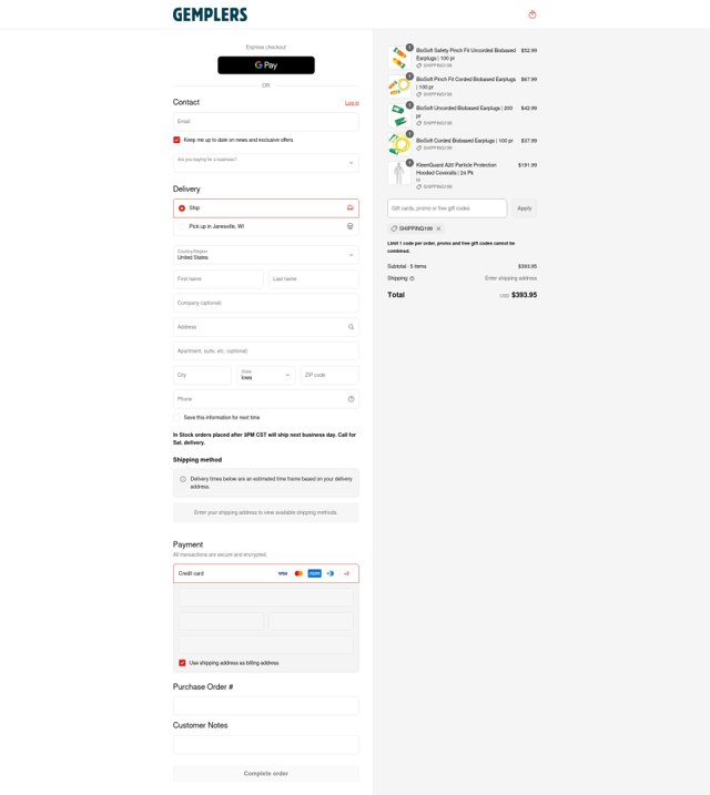 Gempler's checkout page showing Gempler's promo code box | Screenshot taken by SimplyCodes community member on Aug 31, 2025