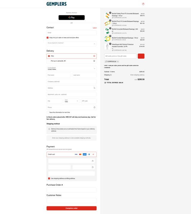 Gempler's checkout page showing Gempler's promo code box | Screenshot taken by SimplyCodes community member on Aug 31, 2025