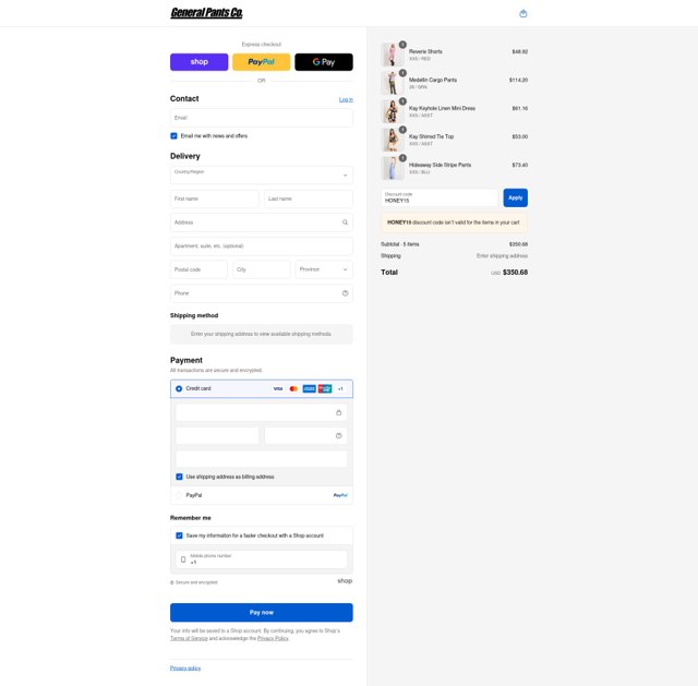 General Pants Co. checkout page showing General Pants Co. promo code box | Screenshot taken by SimplyCodes community member on Aug 31, 2025